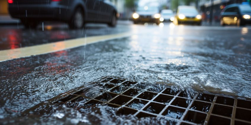 Rainwater flowing into a sewer grate