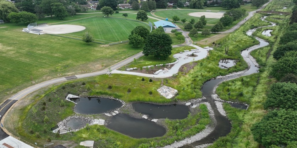 Aerial view of Kitchener's stormwater infrastructure designed by the creek naturalization program