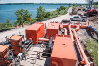 The complete Xylem solution – a 30MGD bypass system – is captured here with the city of Syracuse, New York, in the background. The solution comprises Godwin and Flygt brand equipment, including custom pipework.